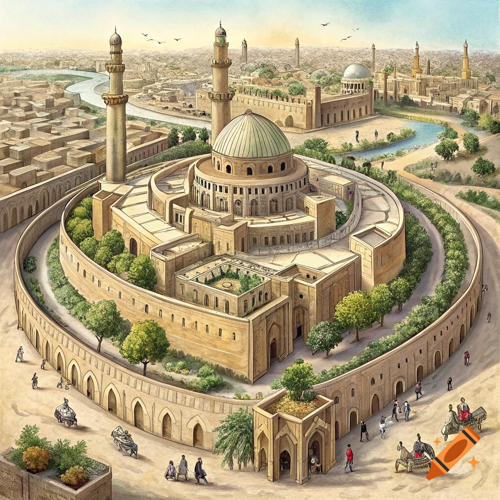 Artistic illustration of a circular ancient city with a central mosque, walls, people, river, and trees.