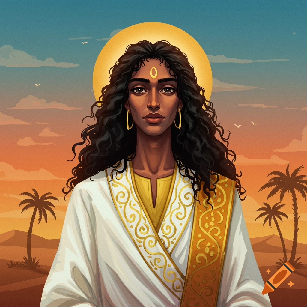 A deity-like figure with dark hair, golden earrings, and ornate robes is depicted in a desert landscape.