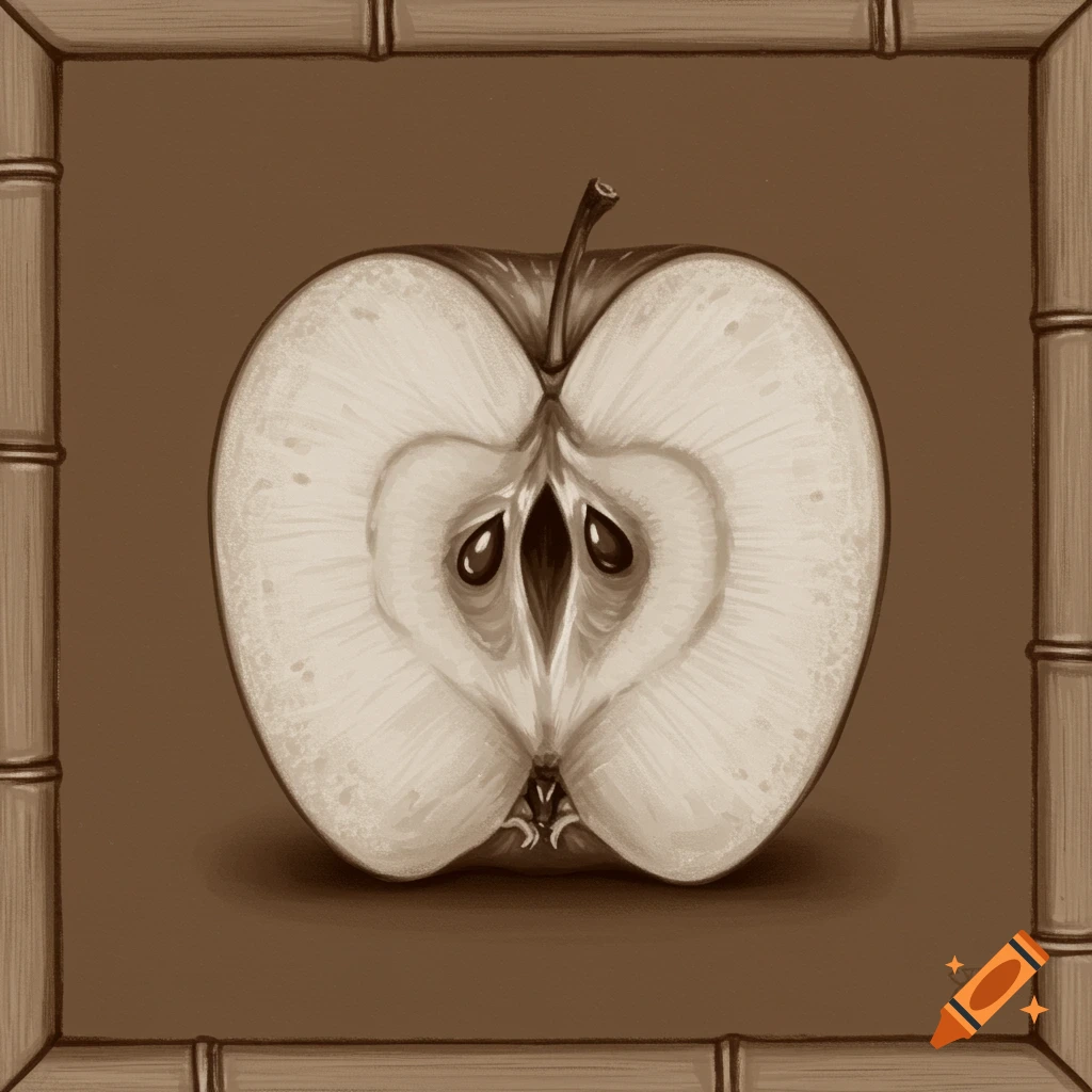 Sepia apple cut in half within a bamboo frame.