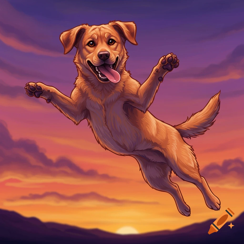 A golden dog flying through a vibrant sunset sky.