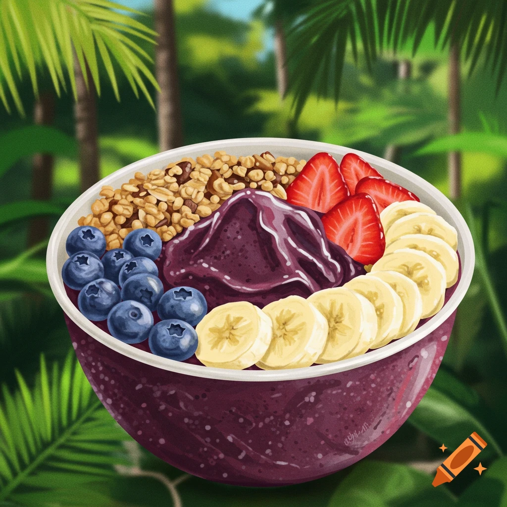 A vibrant acai bowl overflowing with fresh fruit and crunchy granola, presented against a lush jungle backdrop.