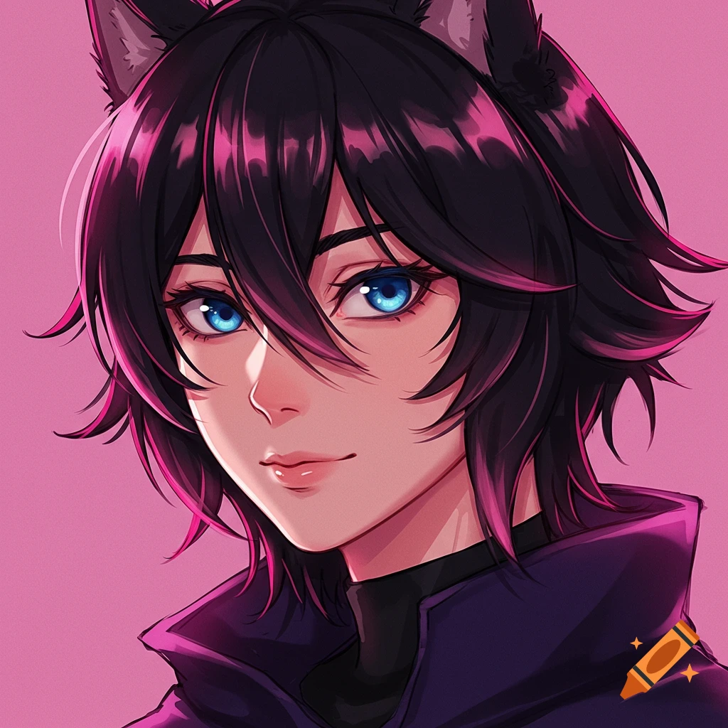 Close-up anime portrait of a character with wolf ears, blue eyes, and dark hair with pink highlights.