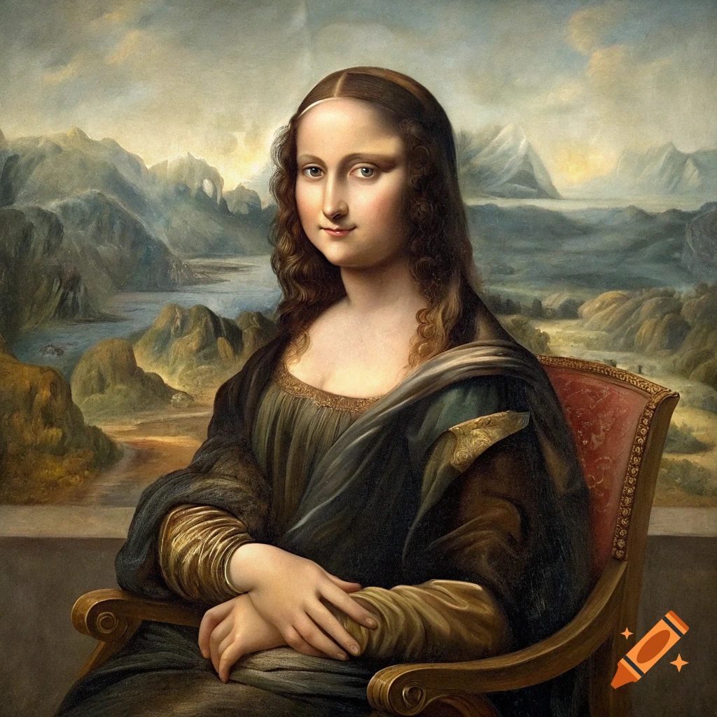 A portrait of the Mona Lisa sitting in a chair with a landscape in the background, painted in the style of Leonardo da Vinci.