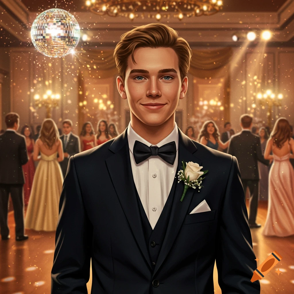 A young man in a tuxedo at a prom