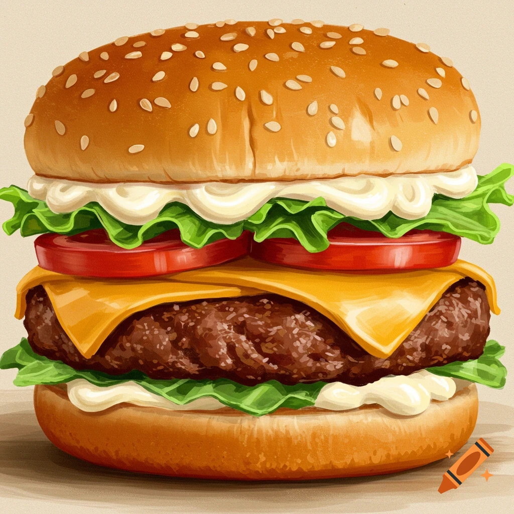 A cheeseburger with lettuce, tomato, cheese, and mayonnaise on a bun with sesame seeds.