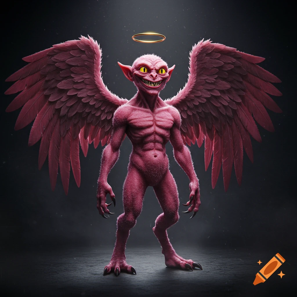 A muscular pink monster with sharp teeth, yellow eyes, red feathered wings, claws, and a halo stands on a dark floor.