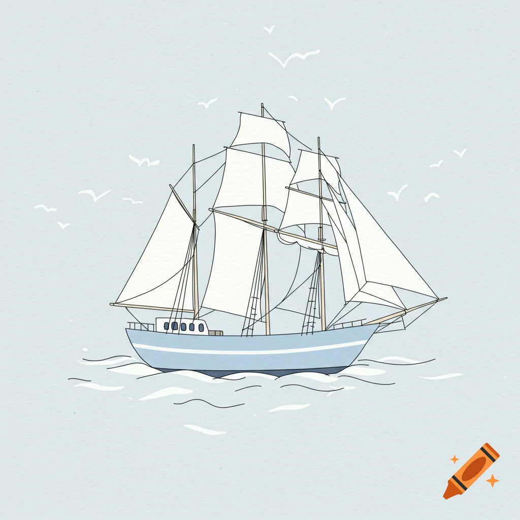 Hand-drawn minimalist illustration of a light blue sailing ship on water with seagulls.