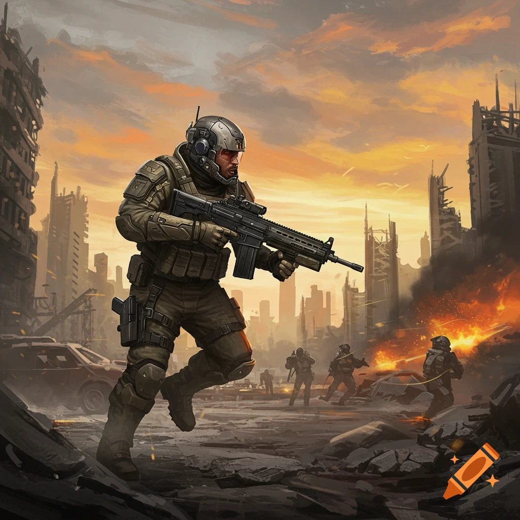 A soldier running through a ruined city at sunset during a battle.