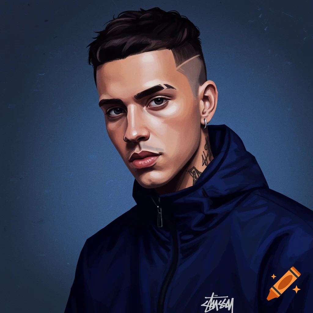 A young man with a fade haircut, neck tattoos, and a blue jacket.
