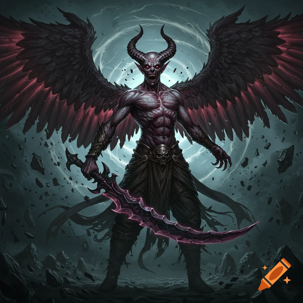 A horned, winged demon with red eyes holds a glowing sword in a dark, rocky landscape.