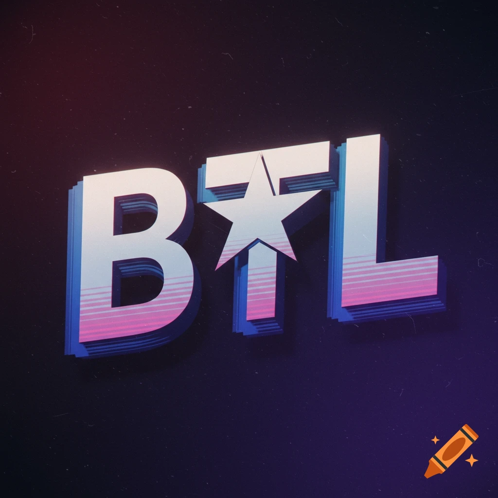 A 3D logo spelling BTL with a star element, in a retro 1980s style.