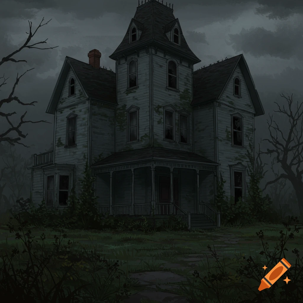 A scary, old, gray house with overgrown weeds on a creepy, gloomy night.