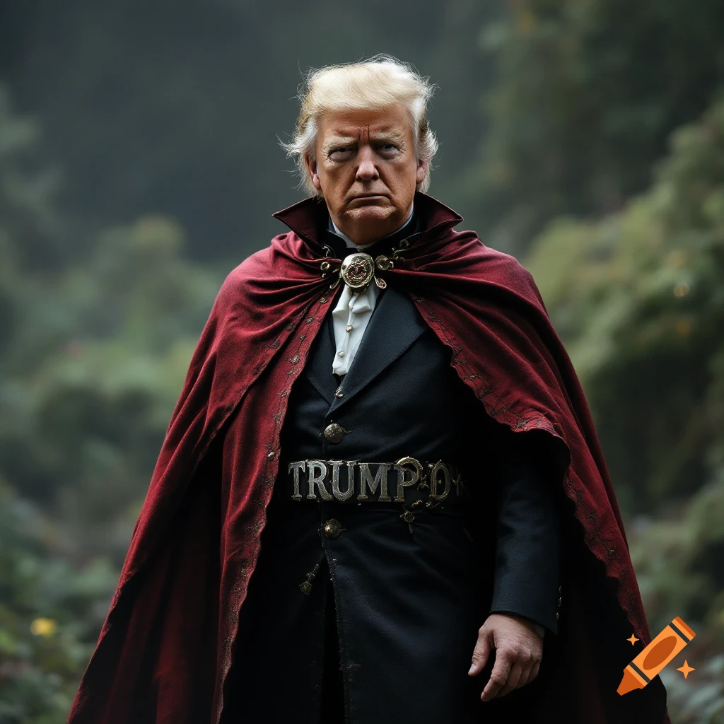 Photorealistic image of Donald Trump wearing a red cape and TRUMP belt in a forest.