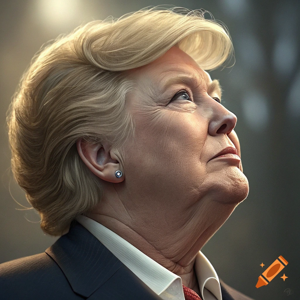 Upward-facing photorealistic portrait of a person in a suit