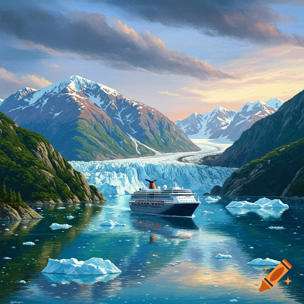 A cruise ship sailing past a large blue glacier and snowy mountains.