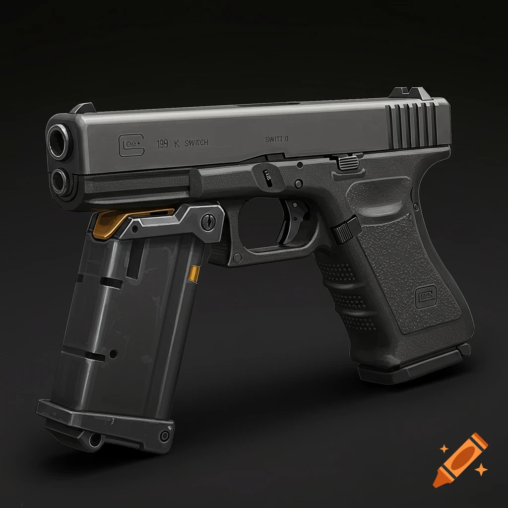 a dark gray Glock 19 firearm with an extended magazine