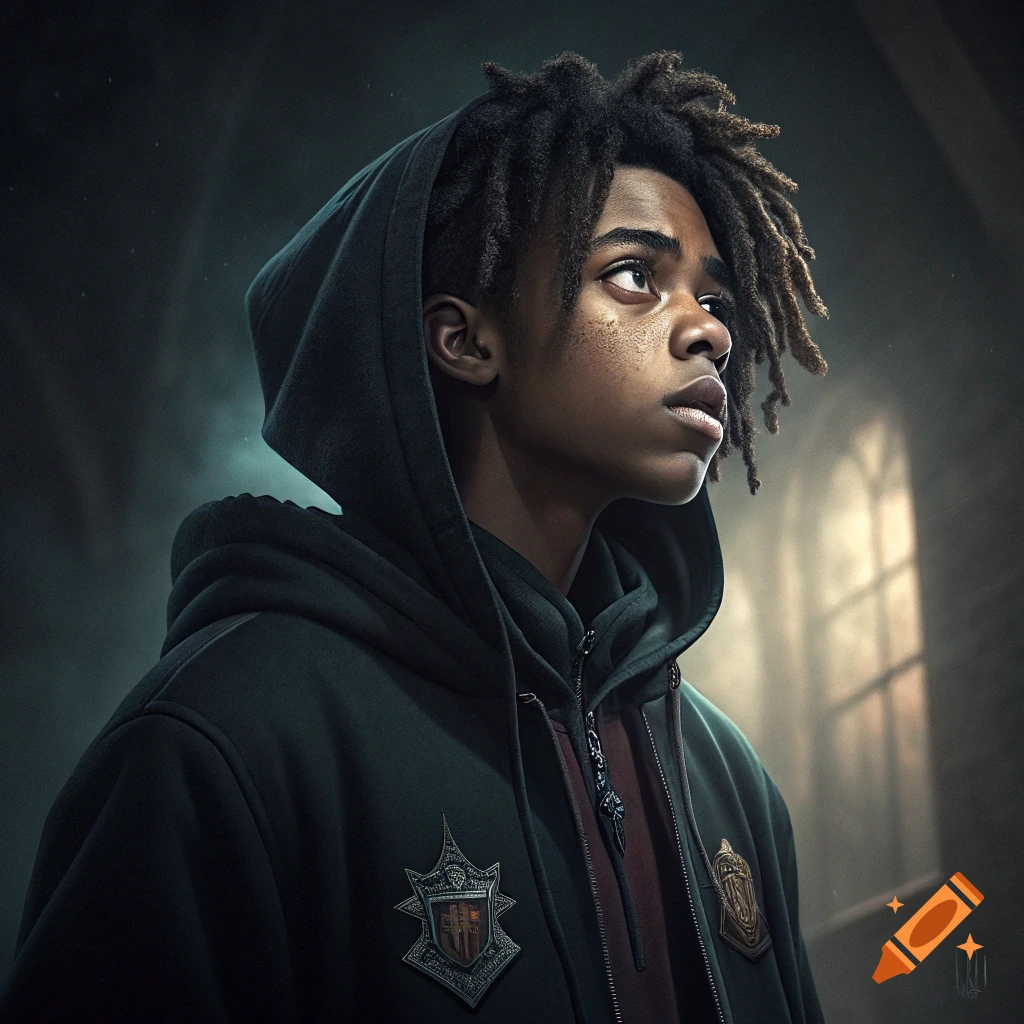 Portrait of a young person with dreadlocks in a dark hoodie with badges, looking upwards in a shadowy, atmospheric setting.