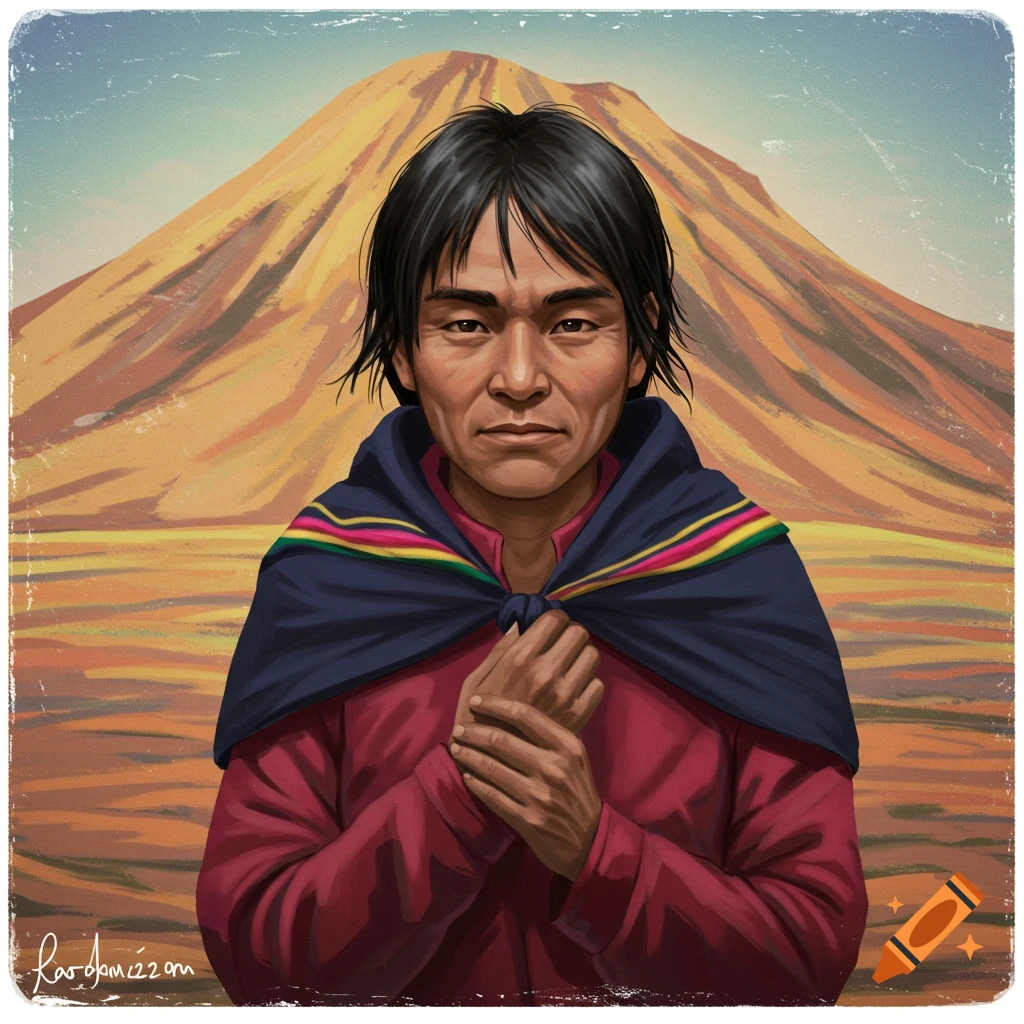 Portrait of a person in traditional clothing against a desert mountain.