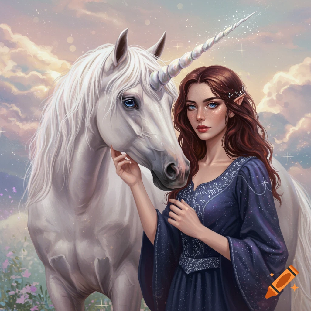 A mystical woman with long brown hair, blue eyes, and elven ears, standing next to a white unicorn.