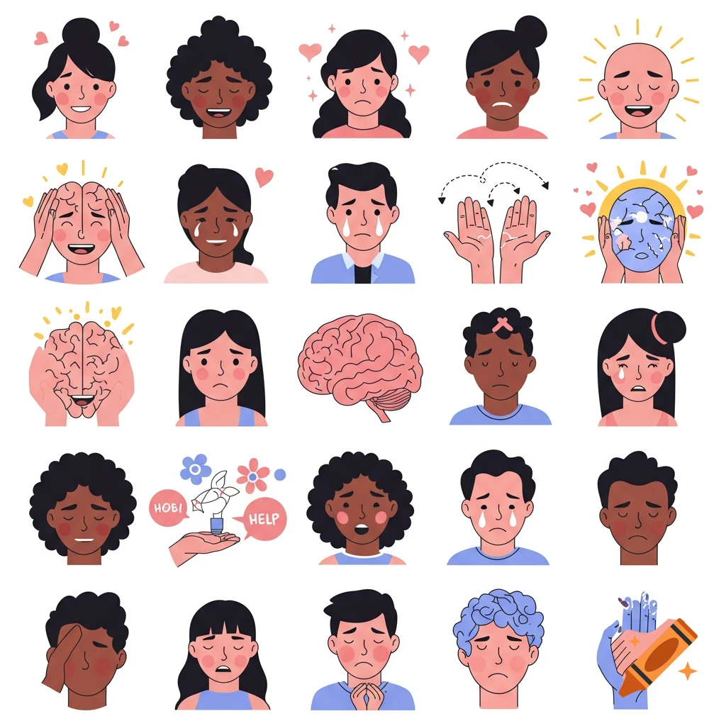 Collection of vector illustrations depicting various emotions, faces, brains, and hands related to mental health.