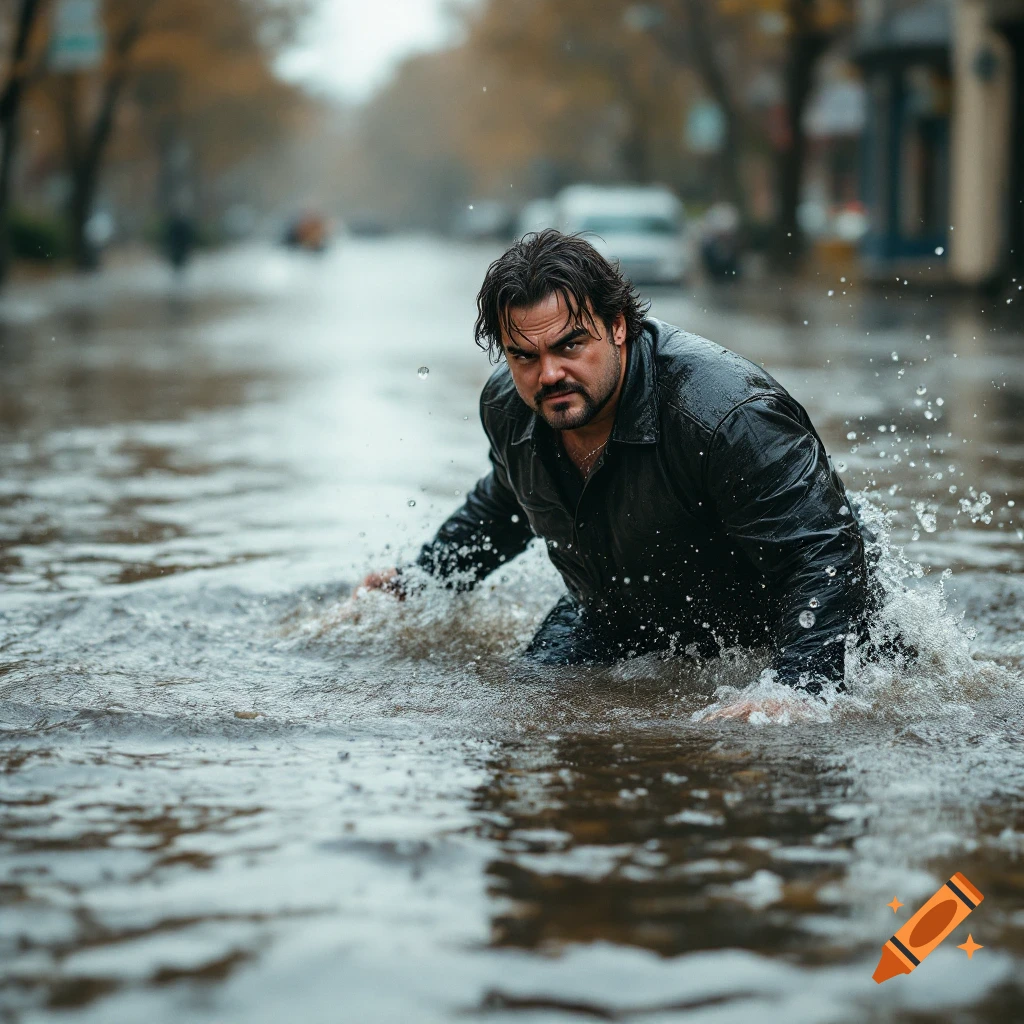 A man in a leather jacket wades through deep floodwaters on a city street, looking intensely at the camera.