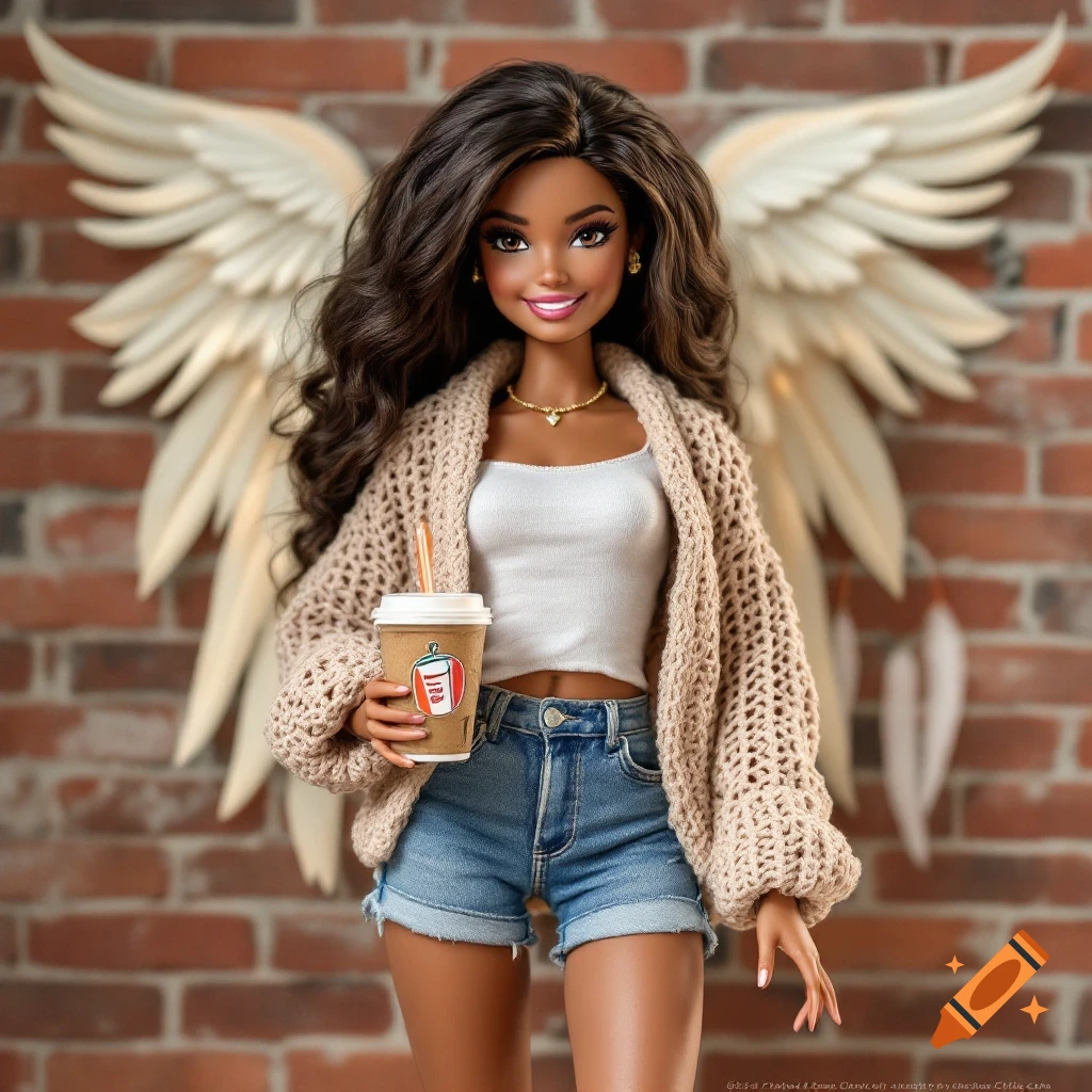 A dark-skinned barbie-like doll in a cardigan and shorts holds a coffee cup in front of a brick wall with angel wings.