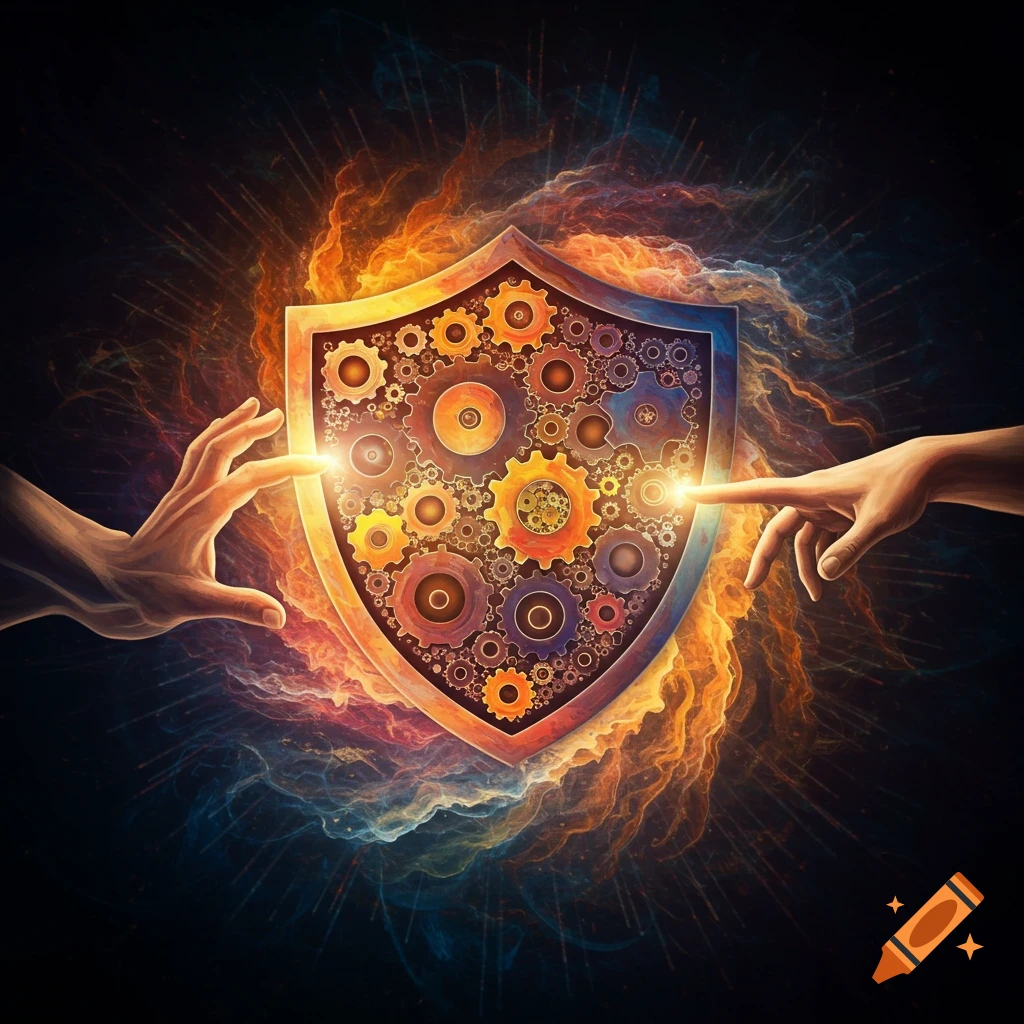 Two hands reaching towards a shield filled with gears, surrounded by colorful energy.