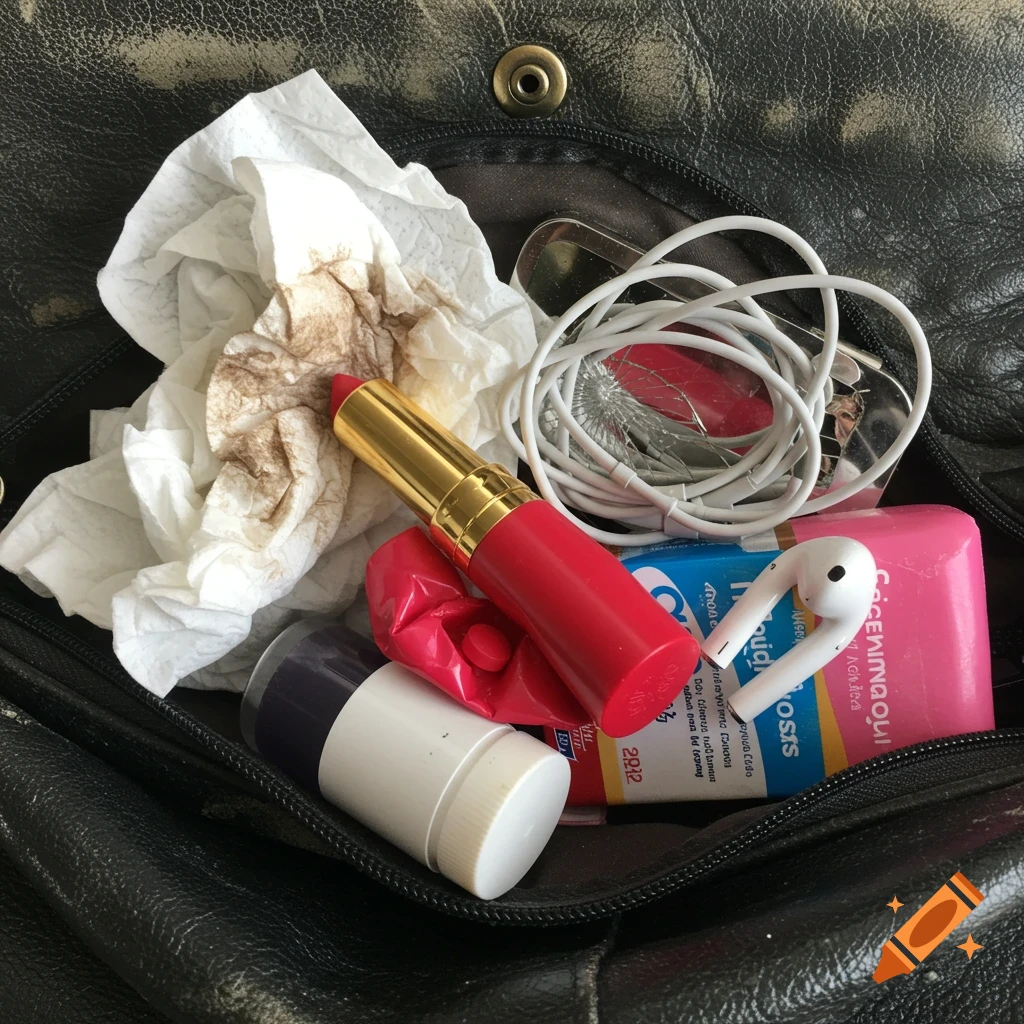 Close-up view of the contents of an open black purse, including dirty tissues, red lipstick, earbuds, and a cracked mirror.