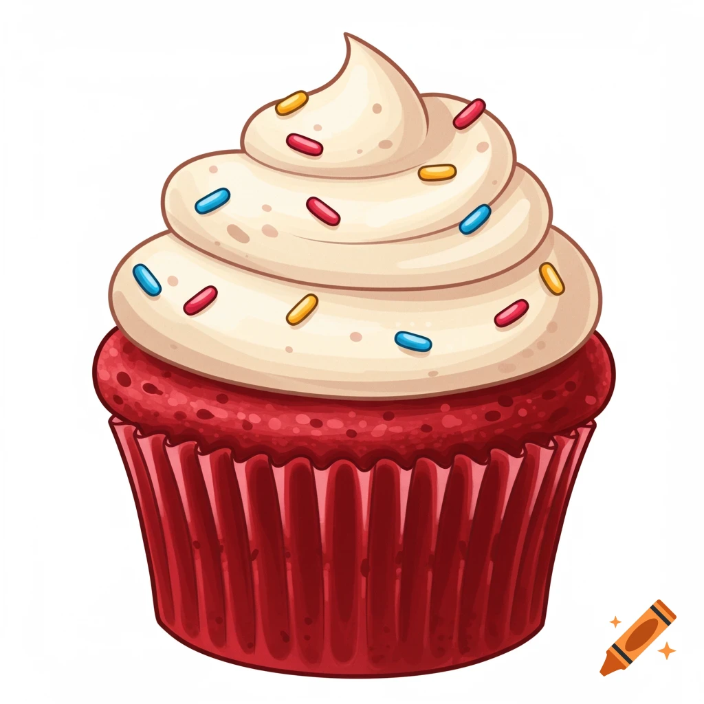 A cartoon red velvet cupcake with white frosting and colorful sprinkles.