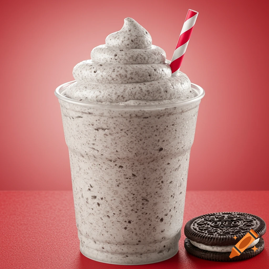 A tall cup of cookies and cream milkshake with whipped topping and a red and white straw, next to two Oreo cookies, against a red background.