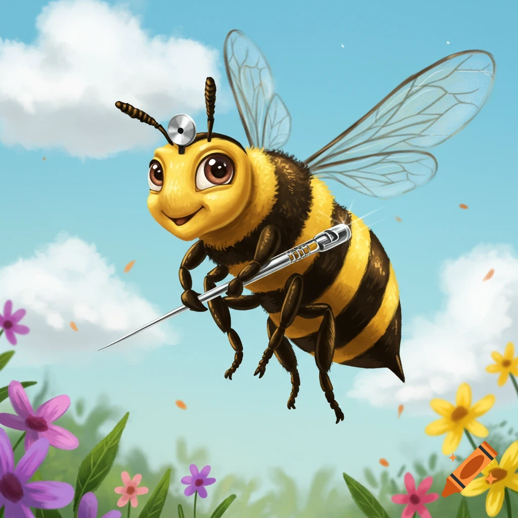 A cartoon bee doctor flying with a syringe over flowers