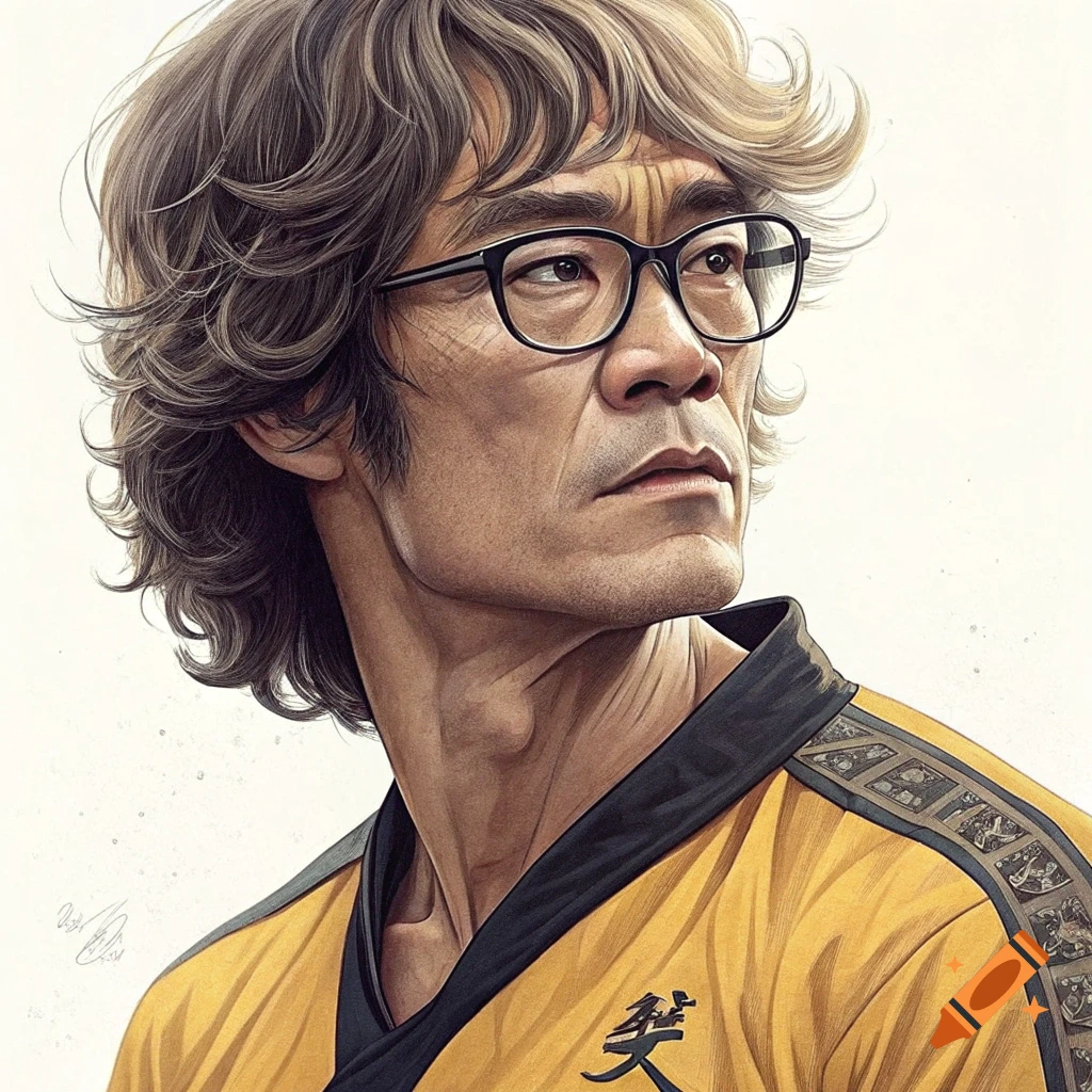 Portrait of a person resembling Isaac Newton and Bruce Lee in a yellow martial arts uniform.