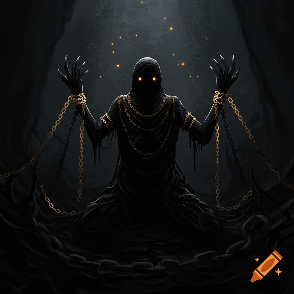 A dark, chained figure with glowing eyes in a shadowy setting.