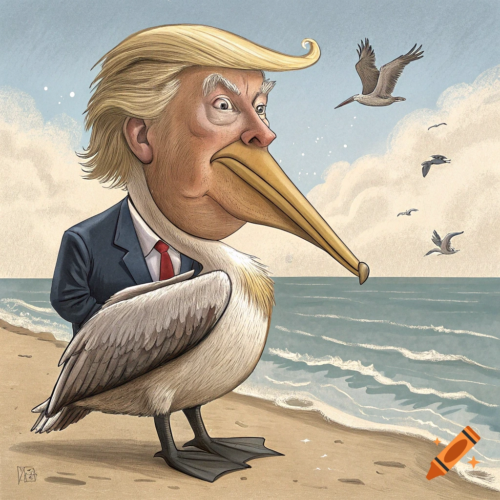 Illustration of a caricature of Donald Trump's head on a pelican's body standing on a beach