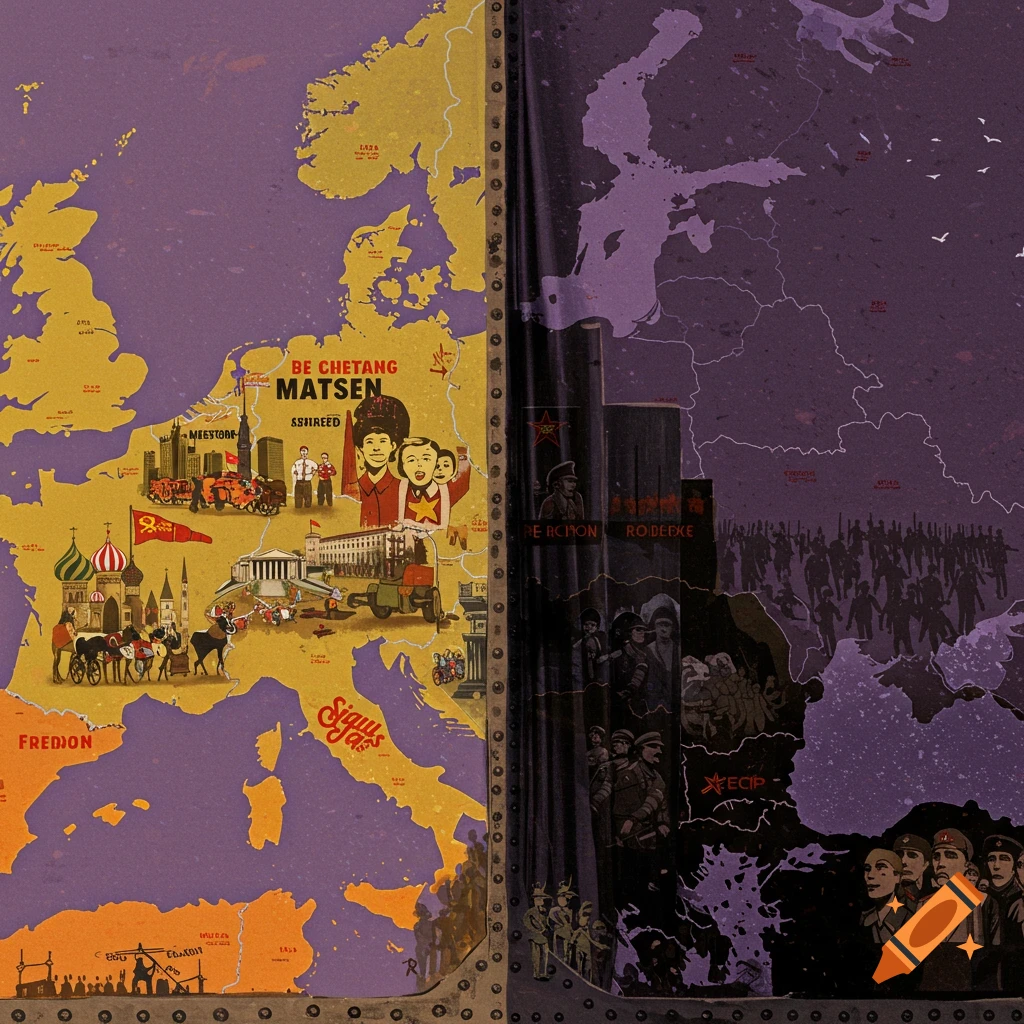 An illustration of a map of Europe divided by an iron curtain, showing capitalist and communist imagery on either side.