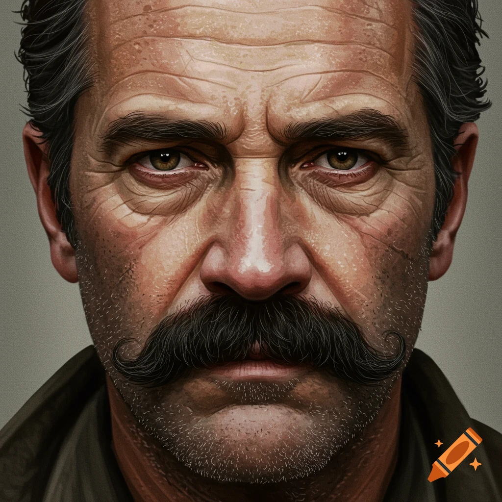 A close-up of a man's face with a heavy black mustache and rugged features.