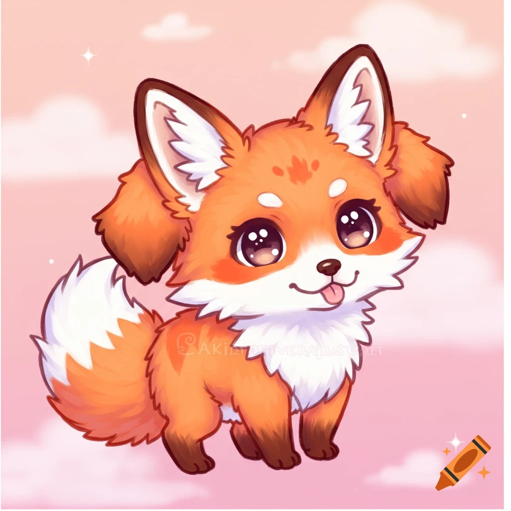 A cute chibi fox-dog hybrid standing on a pink background with clouds.