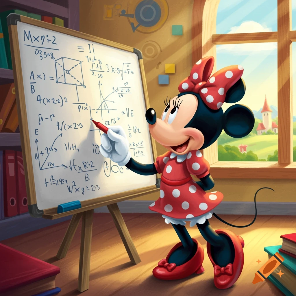 Minnie Mouse solving math on a whiteboard in a bright classroom.