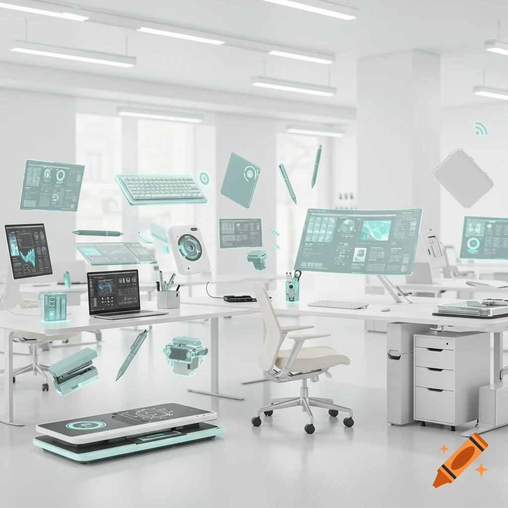 Futuristic office supplies floating in a modern office.