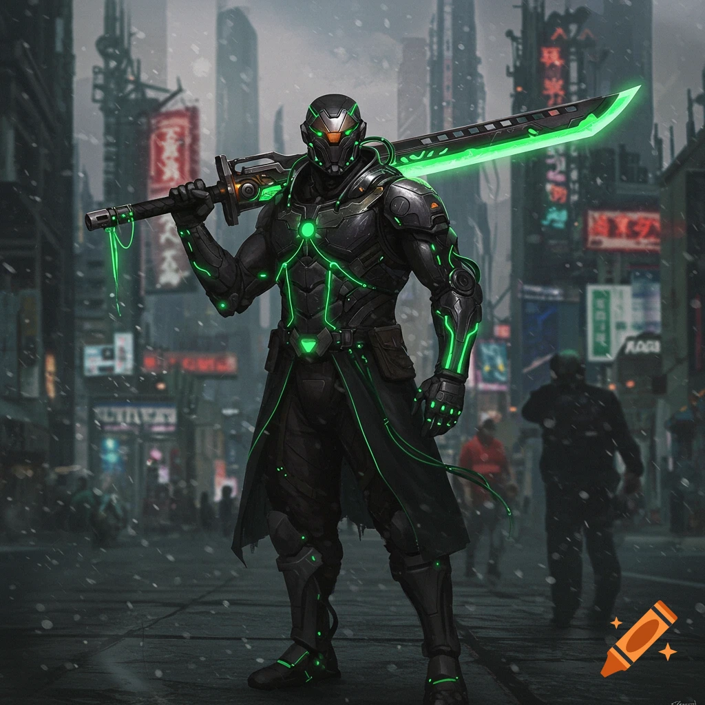 A cybernetically enhanced warrior in a dark suit with green energy lines holds a glowing sword in a snowy cyberpunk city.