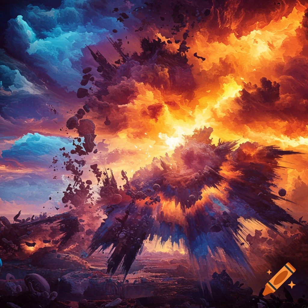 An abstract image of a colorful explosion in space, with bright orange and blue clouds and flying debris.