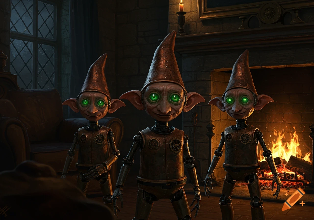 Three steampunk robotic house elves with green eyes stand by a fireplace in a dimly lit room.
