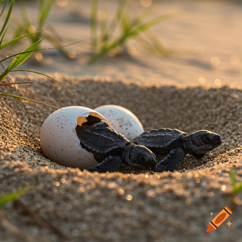 Baby sea turtles emerge from eggs on a sandy beach at sunrise.