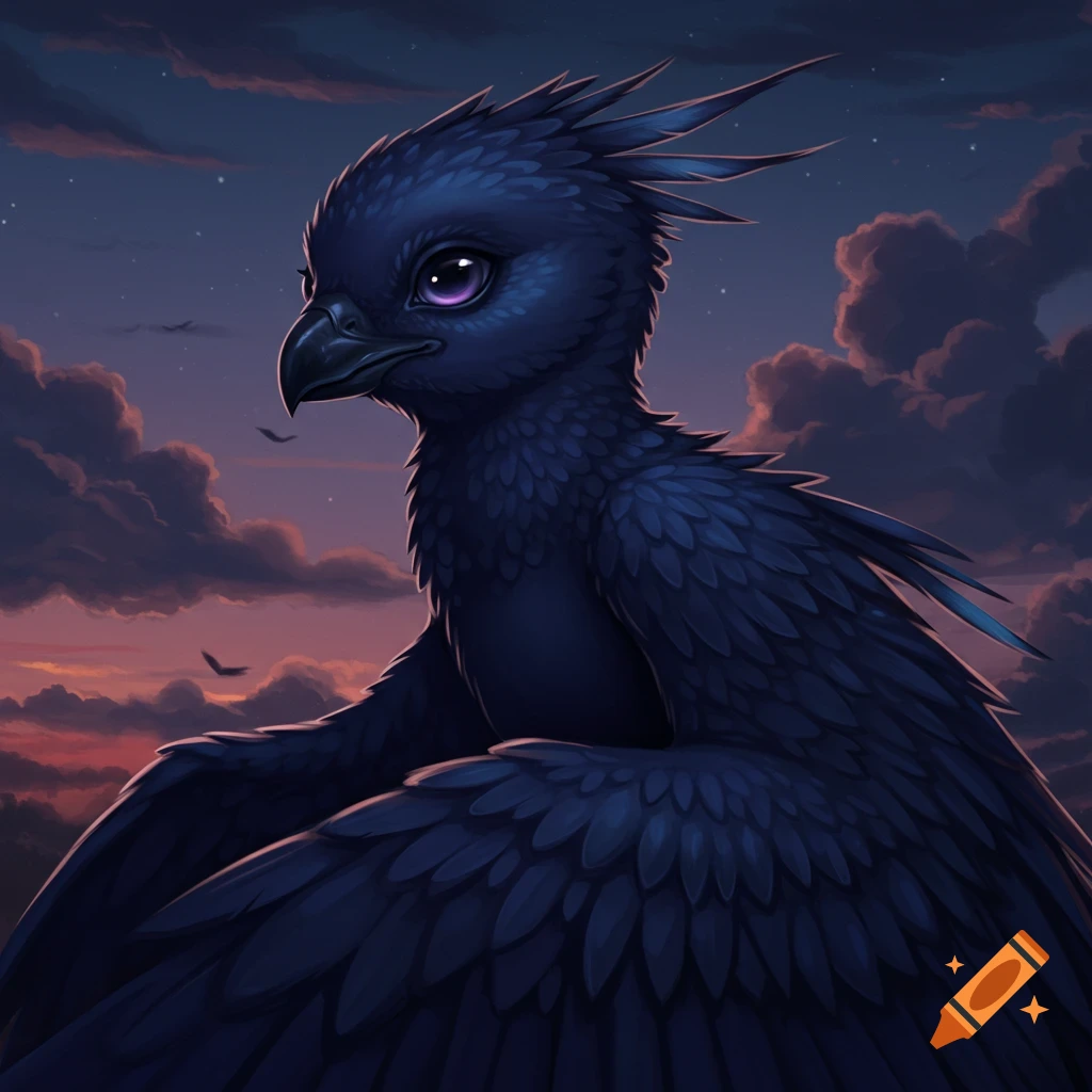 A close-up of a dark blue fantasy bird with purple eyes against a twilight sky with clouds.