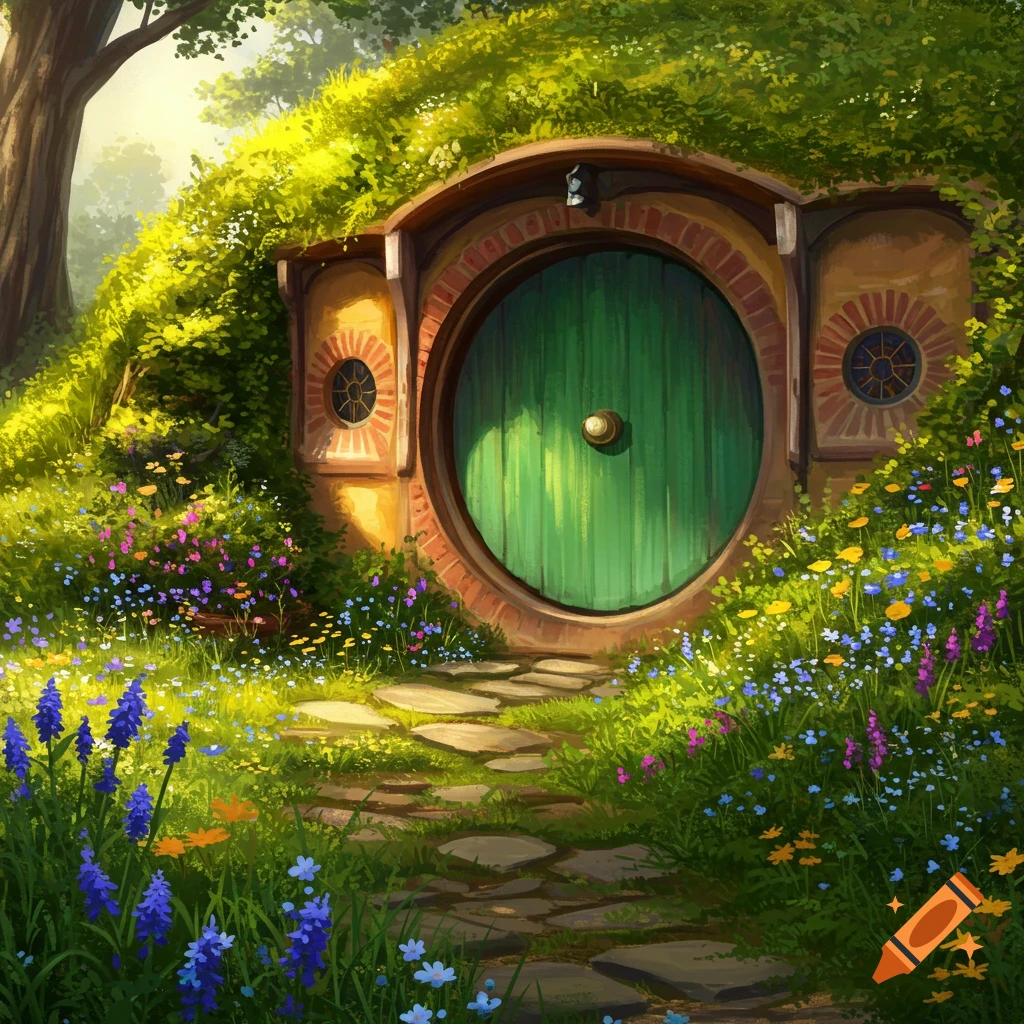A hobbit hole with a round green door, surrounded by flowers in a meadow.