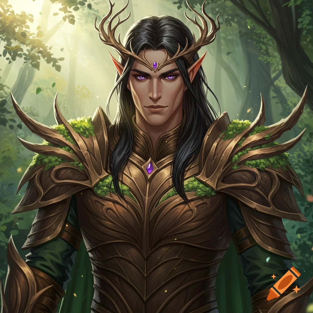 A handsome wood elf prince with purple eyes and antlers, wearing ornate druidic armor in a forest.