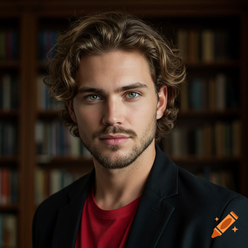 A young man with green eyes and wavy brown hair wearing a black blazer in a library.
