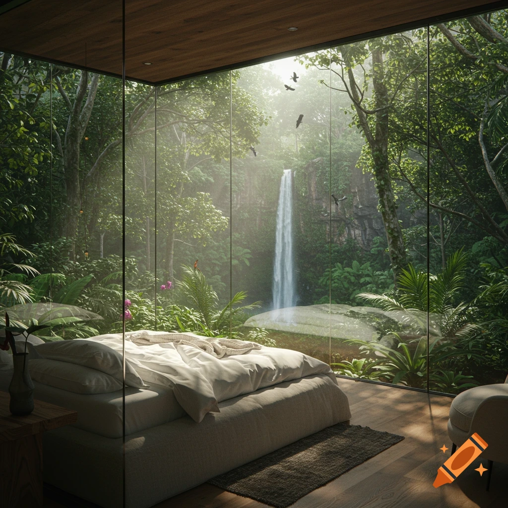 Photorealistic image of a modern bedroom in a glass room overlooking a lush jungle with a waterfall and birds.