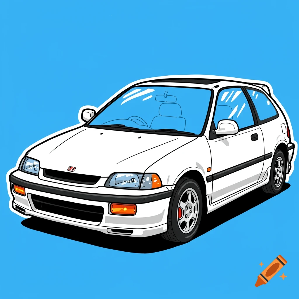 White Honda Civic hatchback drawn in a cartoon style against a blue background.
