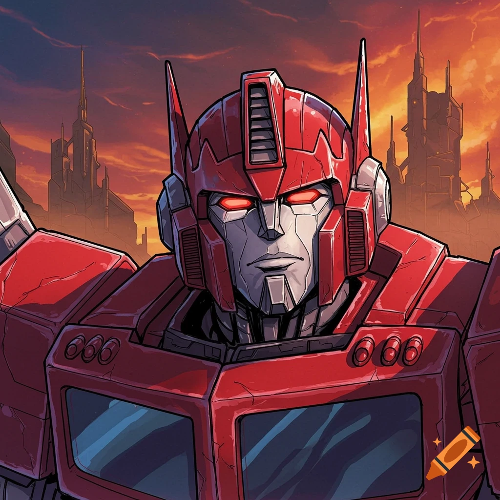 Close-up of Sentinel Prime, a red Transformer robot, against a city skyline at sunset.